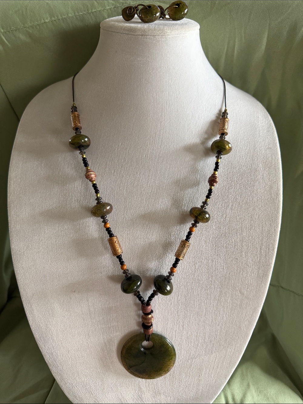 Handcrafted Olive Green Stone Pendant Necklace / Earrings set